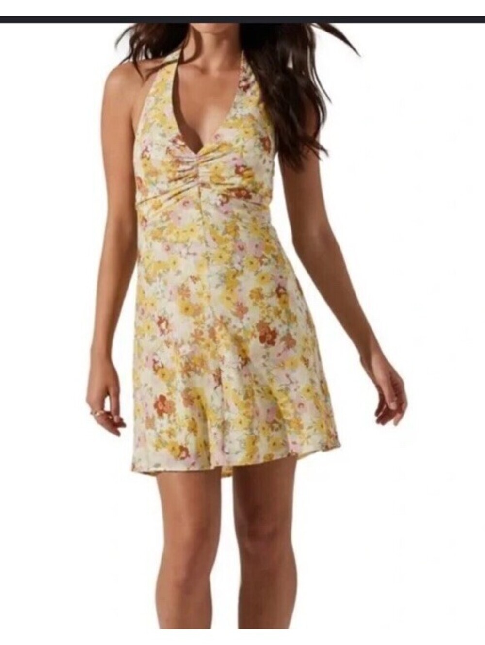 Astr Yellow Floral Halter Ruched Mini Dress. Size Medium. Retail $78